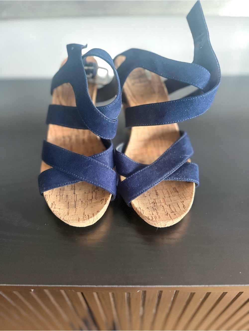 INC Navy Strappy Cork Wedge Sandals - Women's